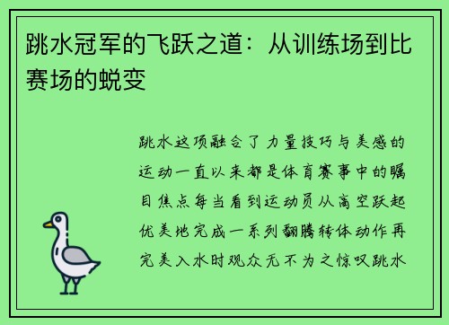 跳水冠军的飞跃之道：从训练场到比赛场的蜕变